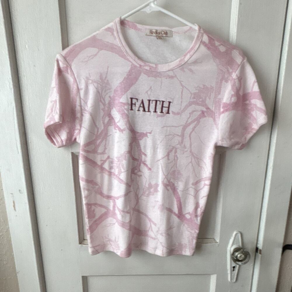 Revival Club Women's Pink Faith Over Fear Tree Graphic T-Shirt Crew Neck M